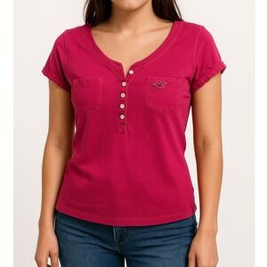 Hollister Y2K Baby Tee Pink Henley Pocket T Shirt Short Sleeve Preppy Sz Small